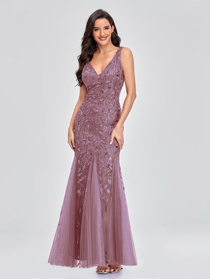 Leaf Print Gauze Evening Dress