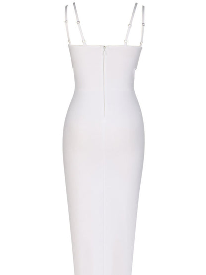 Double Strap Shell Pearl Embellished Cup Side Cutout Bandage Midi Dress