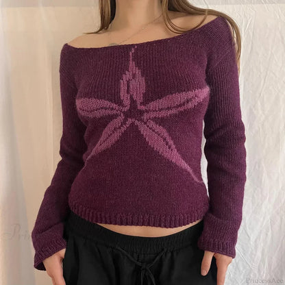 Y2K Off Shoulder Bow Graphic Pullover Knit Top