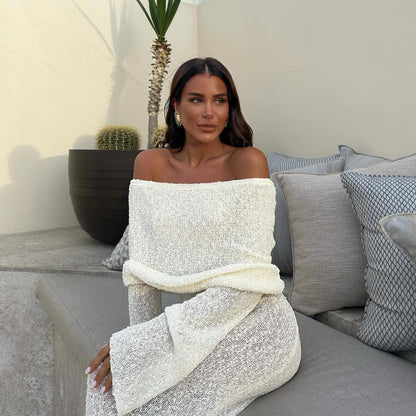 Off Shoulder Foldover Collar Sheer Open Knit Long Sleeve Bodycon Maxi Dress