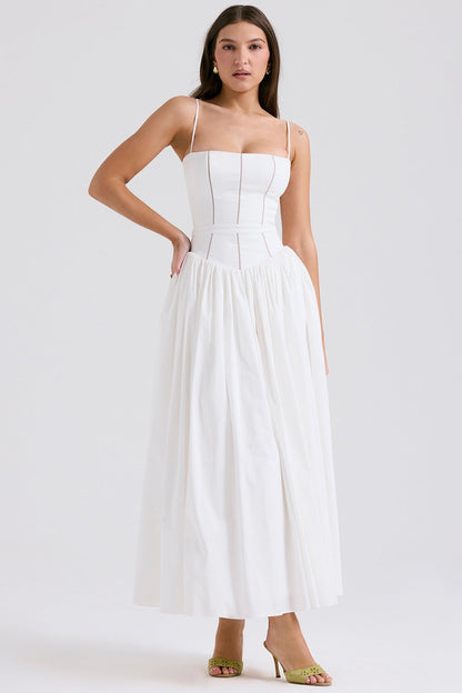 Ribbon Floral Print Square Neck Corset Bodice A-Line Maxi Dress