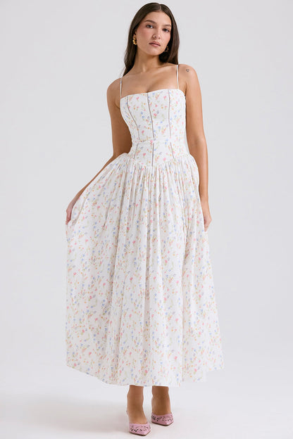 Ribbon Floral Print Square Neck Corset Bodice A-Line Maxi Dress