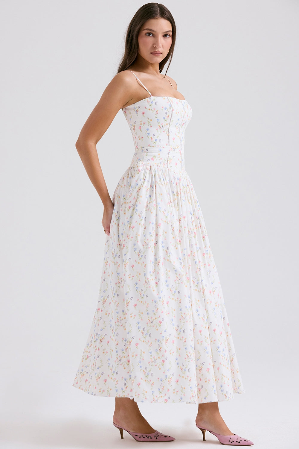 Ribbon Floral Print Square Neck Corset Bodice A-Line Maxi Dress