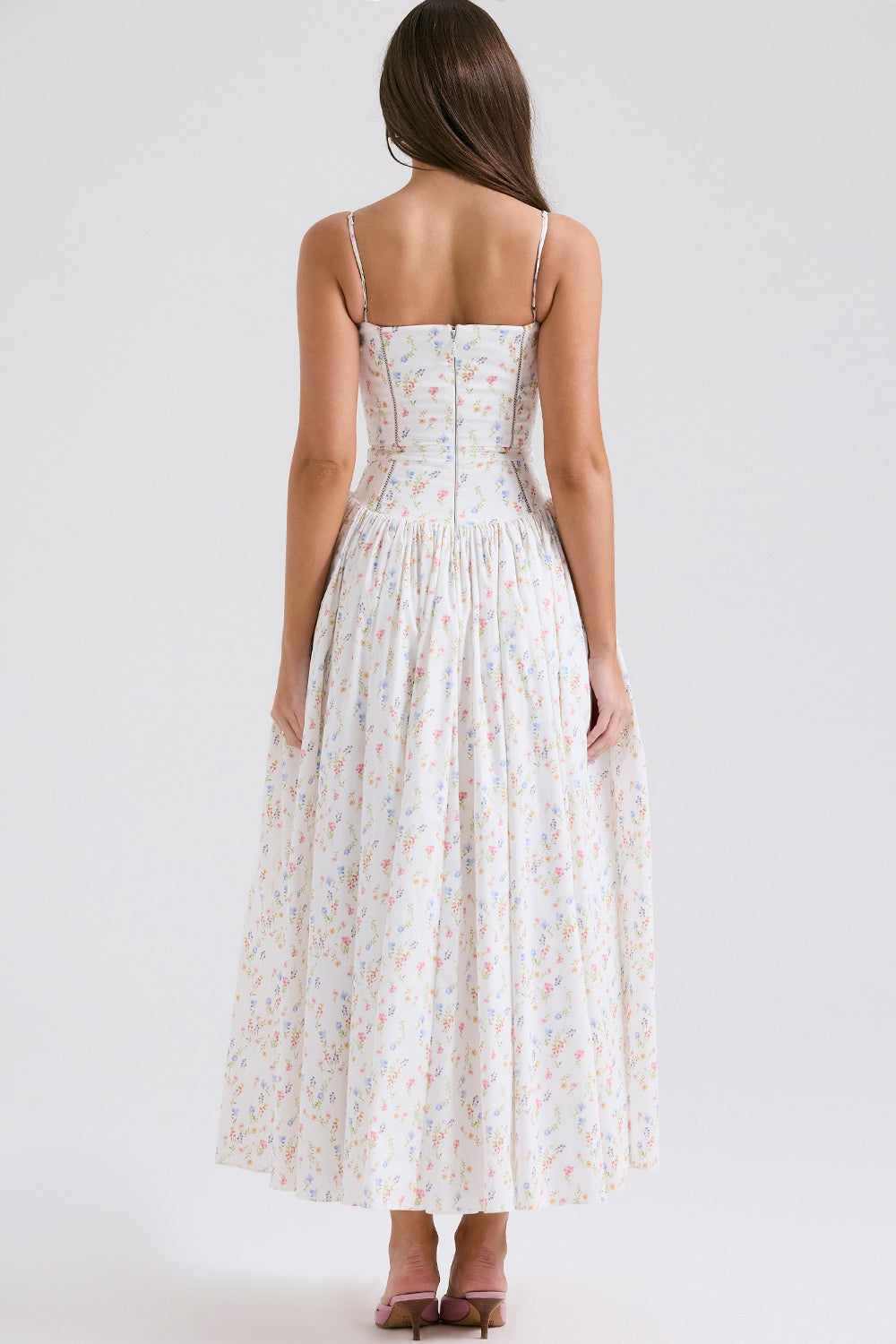 Ribbon Floral Print Square Neck Corset Bodice A-Line Maxi Dress