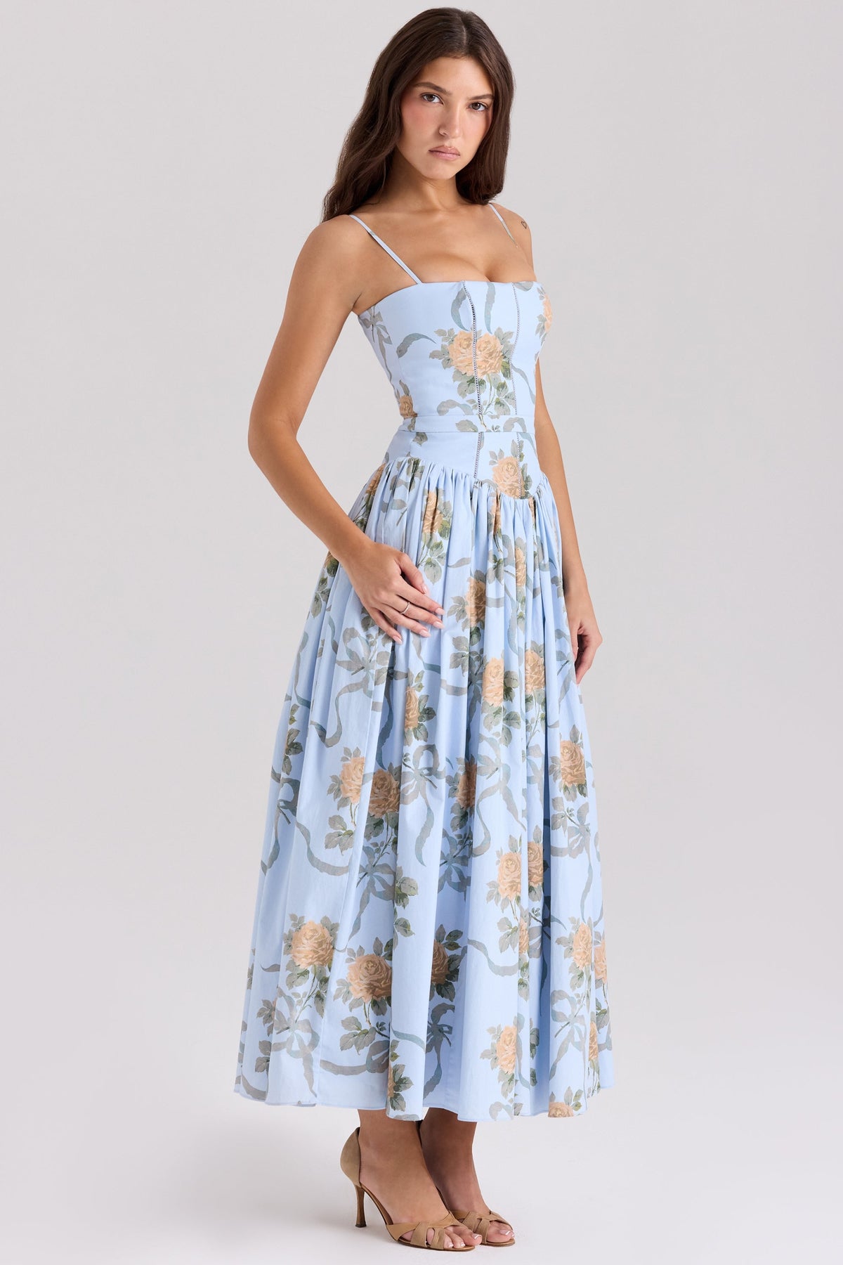 Ribbon Floral Print Square Neck Corset Bodice A-Line Maxi Dress