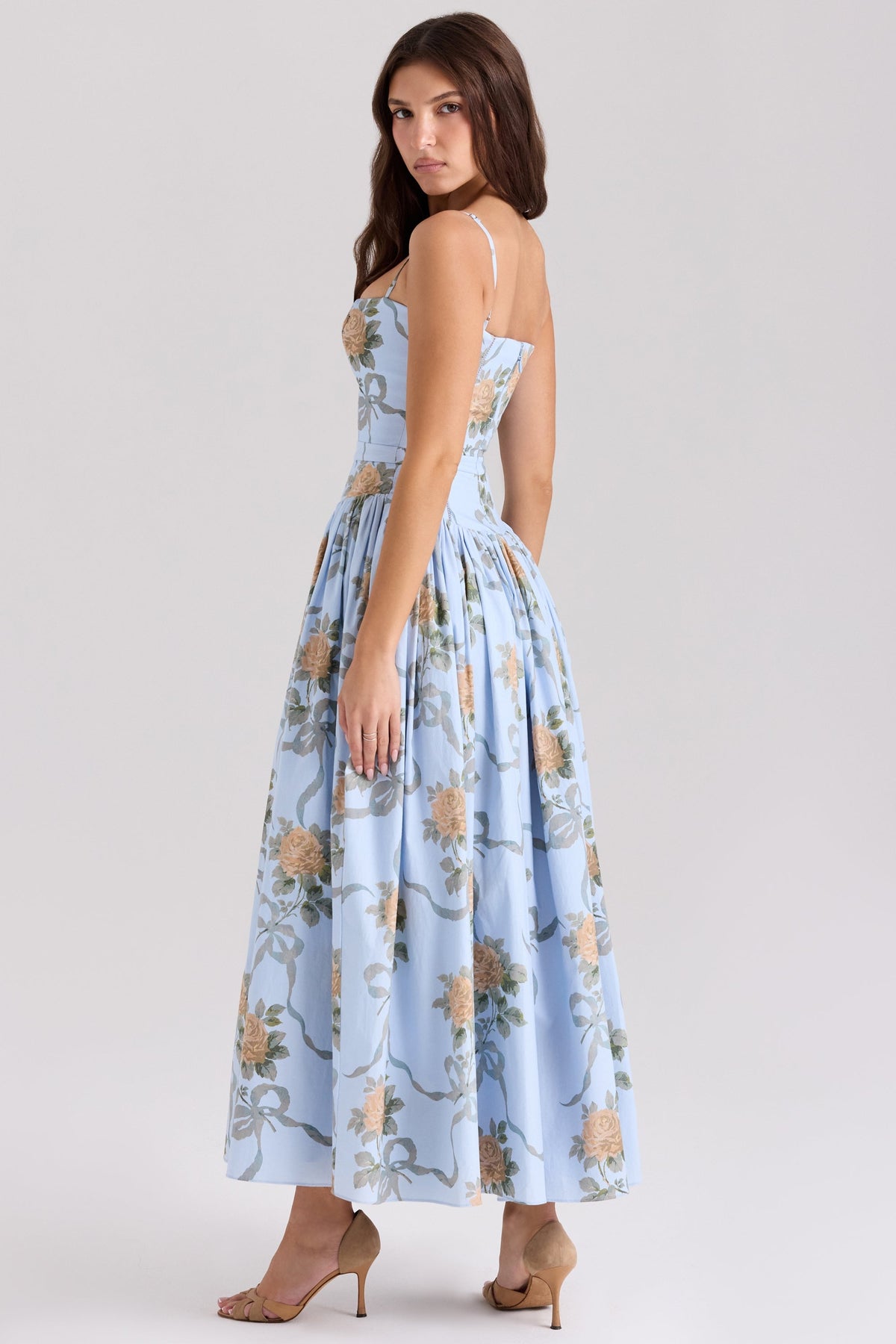 Ribbon Floral Print Square Neck Corset Bodice A-Line Maxi Dress
