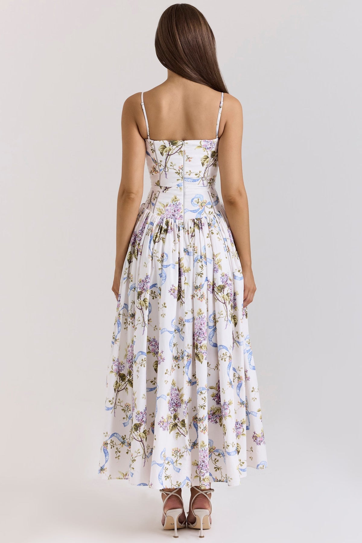 Ribbon Floral Print Square Neck Corset Bodice A-Line Maxi Dress