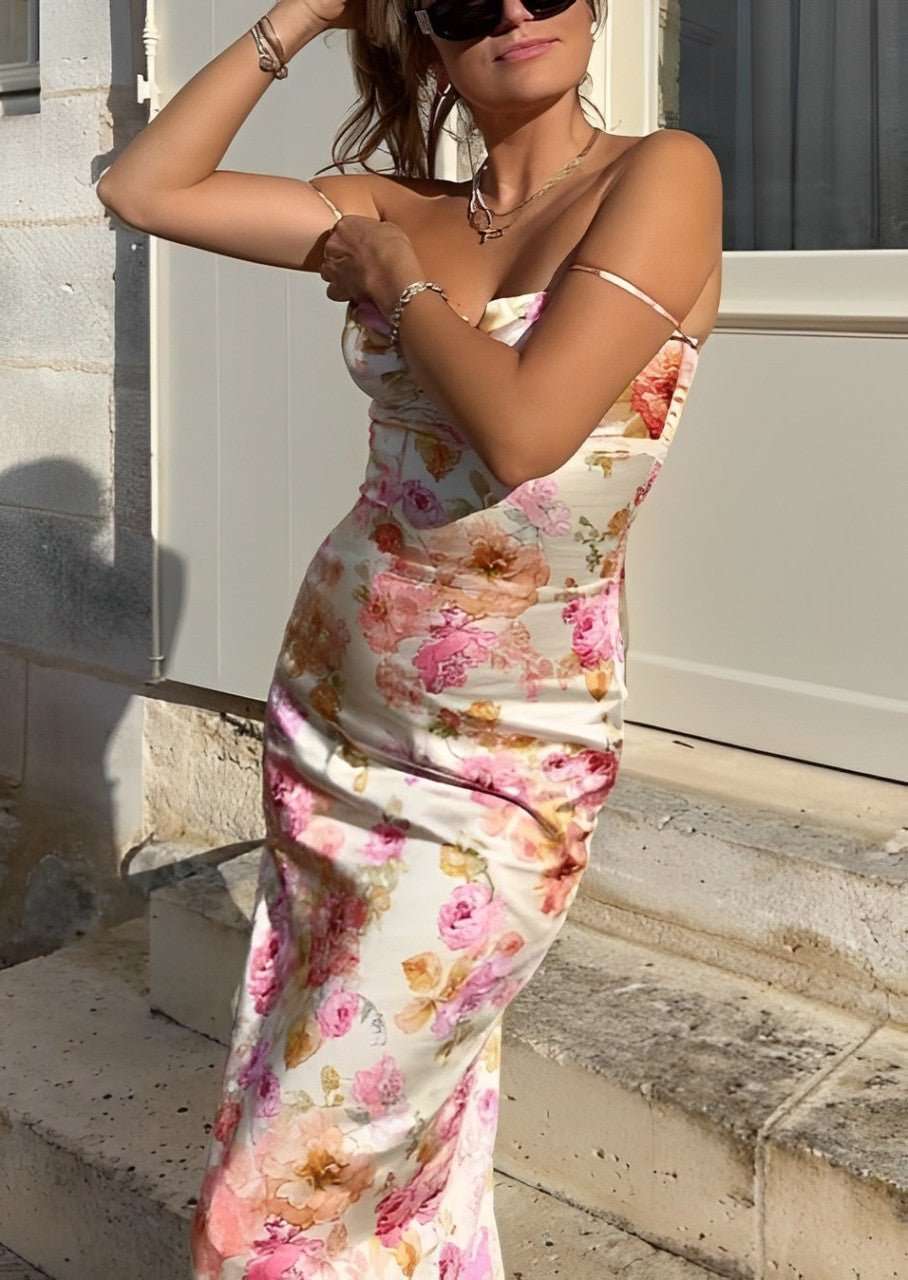 Sweetheart Spaghetti Strap Ruched Bust Floral Satin Column Maxi Dress