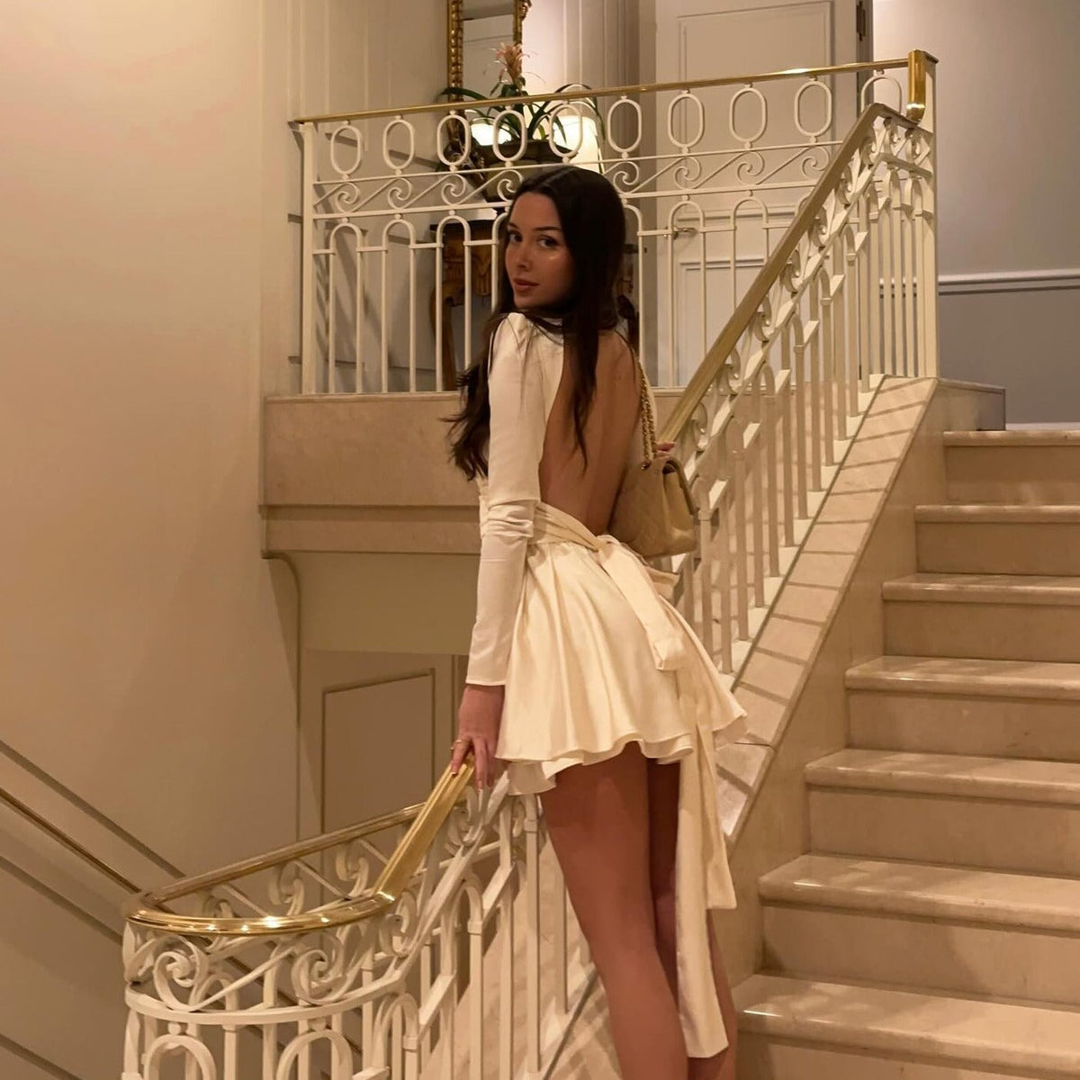 Mock Neck Keyhole Plunge Wrap Waist Balloon Sleeve Satin Skater Mini Dress