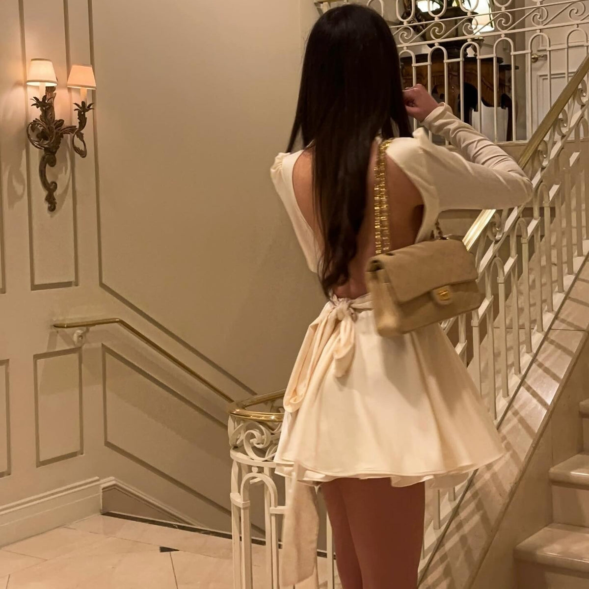Mock Neck Keyhole Plunge Wrap Waist Balloon Sleeve Satin Skater Mini Dress