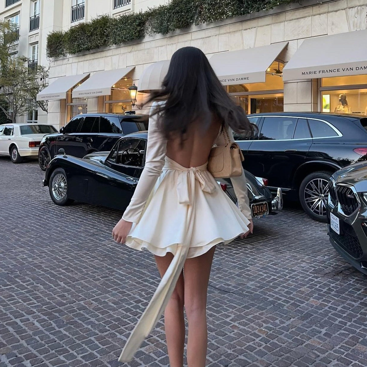 Mock Neck Keyhole Plunge Wrap Waist Balloon Sleeve Satin Skater Mini Dress