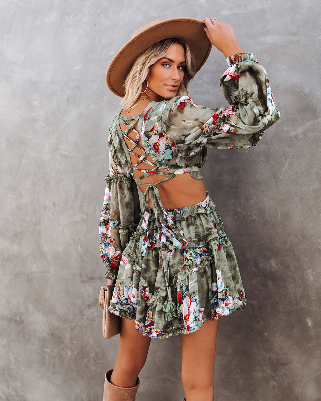 Spaghetti Strap Side Cutout Tiered Ruffle Floral Maxi Dress