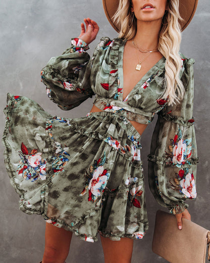 Spaghetti Strap Side Cutout Tiered Ruffle Floral Maxi Dress