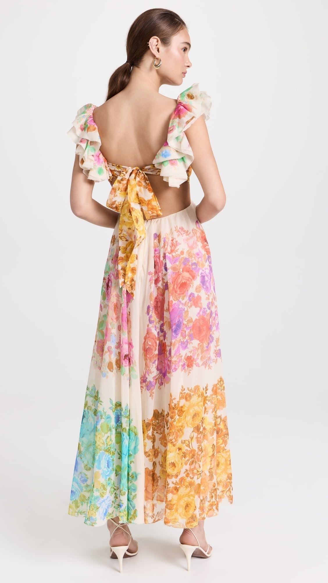 Deep V-Neck Ruffled Cap Sleeve Waist Cutout Paneled Floral Maxi Dress