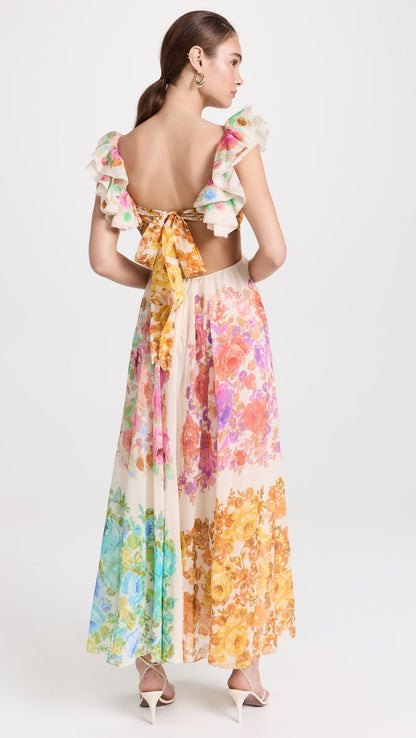 Deep V-Neck Ruffled Cap Sleeve Waist Cutout Paneled Floral Maxi Dress