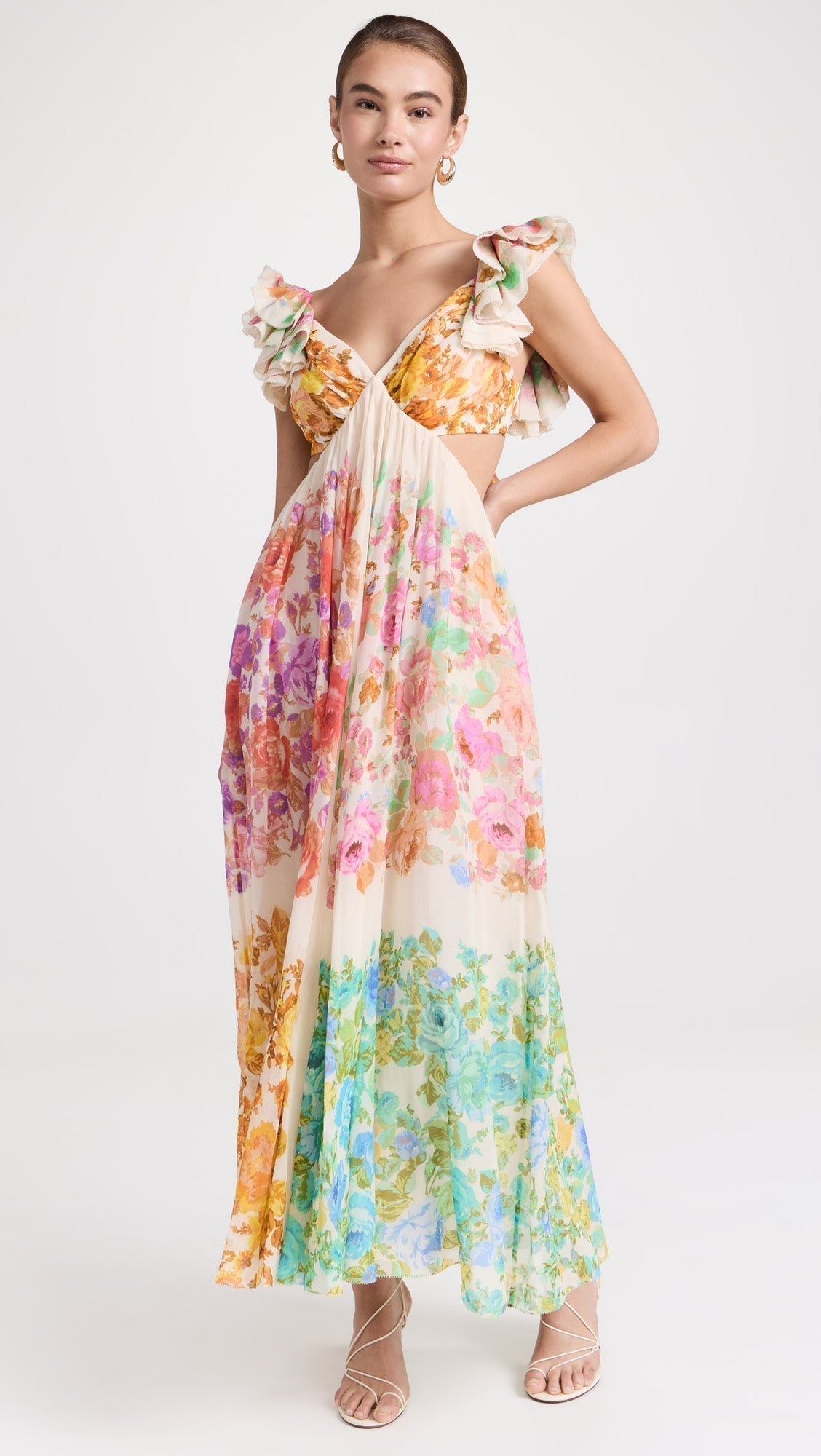 Deep V-Neck Ruffled Cap Sleeve Waist Cutout Paneled Floral Maxi Dress